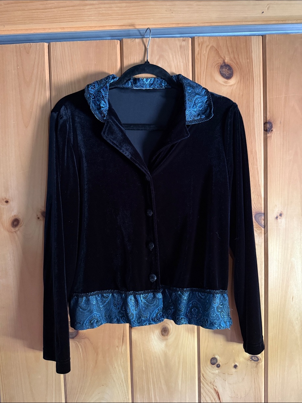 Black Velvet Women's Blouse with Teal Paisley Trim